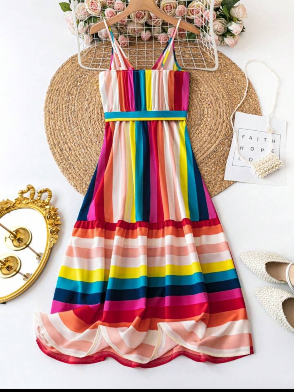 Rainbow Colorblock Striped Spaghetti Strap Maxi Dress Sundress Ruffle Belted L - Picture 2 of 12